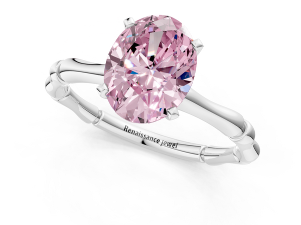 White gold Fancy Pink Oval  Solitaire Diamond Ring with Bamboo Band and Four-Prong Setting