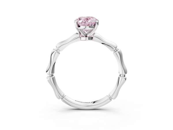 White gold Fancy Pink Oval  Solitaire Diamond Ring with Bamboo Band and Four-Prong Setting