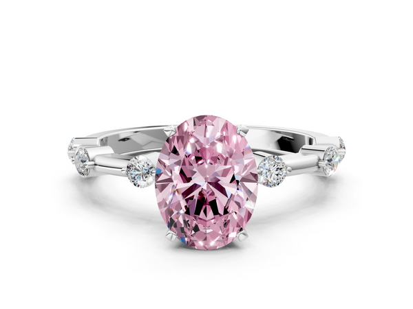 White gold Fancy Pink Oval  Solitaire Diamond Ring with Bezel Set Side Stones and Prong Setting