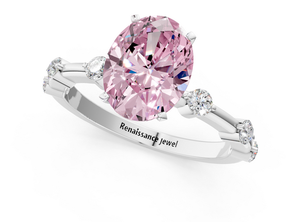 White gold Fancy Pink Oval  Solitaire Diamond Ring with Bezel Set Side Stones and Prong Setting