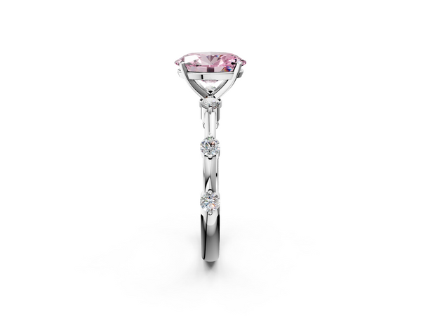White gold Fancy Pink Oval  Solitaire Diamond Ring with Bezel Set Side Stones and Prong Setting