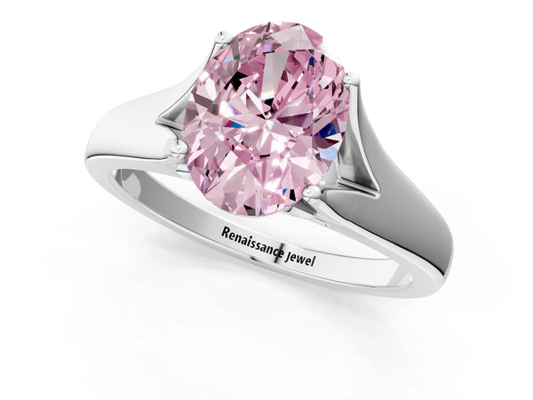 Platinum Fancy Pink Oval  Solitaire Diamond Ring with Cathedral Band and Four-Prong Setting