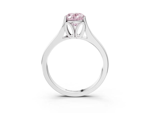 Platinum Fancy Pink Oval  Solitaire Diamond Ring with Cathedral Band and Four-Prong Setting