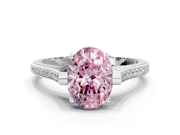 White gold Fancy Pink Oval  Solitaire Diamond Ring with Channel Set Band and Bezel Prong Setting