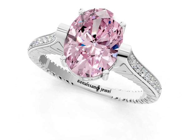 White gold Fancy Pink Oval  Solitaire Diamond Ring with Channel Set Band and Bezel Prong Setting