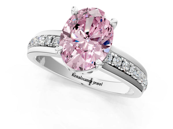 White gold Fancy Pink Oval  Solitaire Diamond Ring with Channel Set Band and Six-Prong Setting