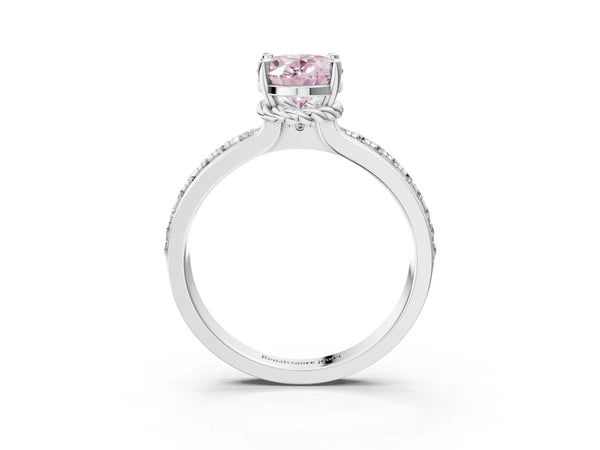 White gold Fancy Pink Oval  Solitaire Diamond Ring with Channel Set Band and Six-Prong Setting