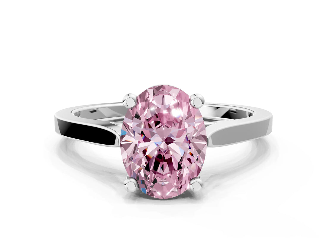 White gold Fancy Pink Oval  Solitaire Diamond Ring with Four-Prong Setting and Tapered Band