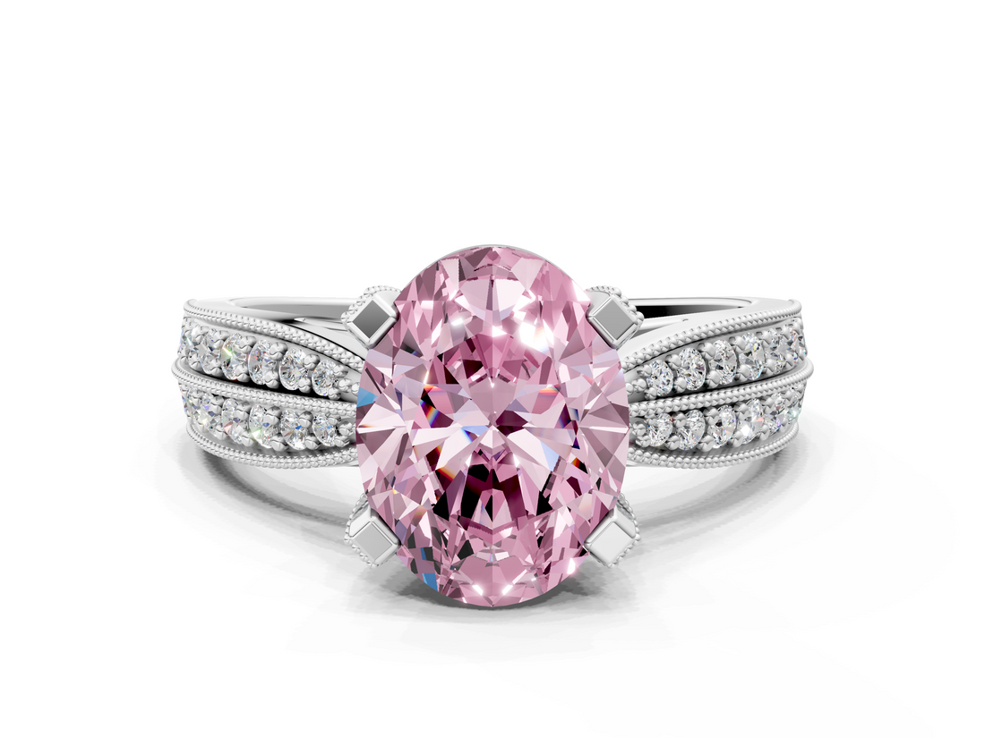 White gold Fancy Pink Oval  Solitaire Diamond Ring with Milgrain Pavé Band and Four-Prong Setting_20