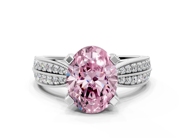 White gold Fancy Pink Oval  Solitaire Diamond Ring with Milgrain Pavé Band and Four-Prong Setting