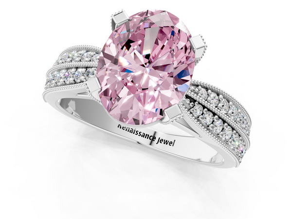 White gold Fancy Pink Oval  Solitaire Diamond Ring with Milgrain Pavé Band and Four-Prong Setting
