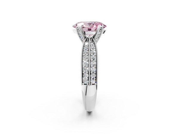 White gold Fancy Pink Oval  Solitaire Diamond Ring with Milgrain Pavé Band and Four-Prong Setting