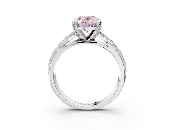 White gold Fancy Pink Oval  Solitaire Diamond Ring with Milgrain Pavé Band and Four-Prong Setting