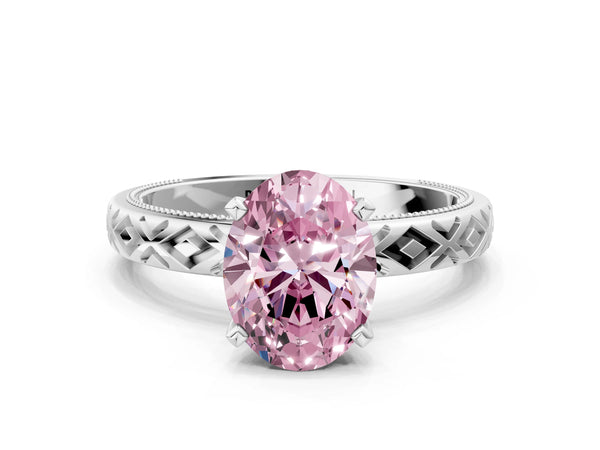 Platinum Fancy Pink Oval  Solitaire Diamond Ring with Milgrain and Black Enamel X Pattern Band