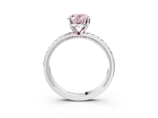 Platinum Fancy Pink Oval  Solitaire Diamond Ring with Milgrain and Black Enamel X Pattern Band