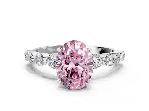 White gold Fancy Pink Oval Cut Solitaire Diamond Ring with Pave Band and Four-Prong Setting
