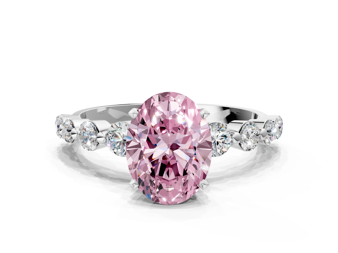 White gold Fancy Pink Oval  Solitaire Diamond Ring with Pave Band and Four-Prong Setting_244