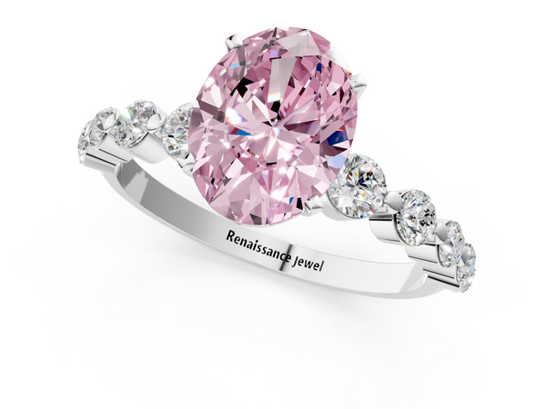 White gold Fancy Pink Oval Cut Solitaire Diamond Ring with Pave Band and Four-Prong Setting