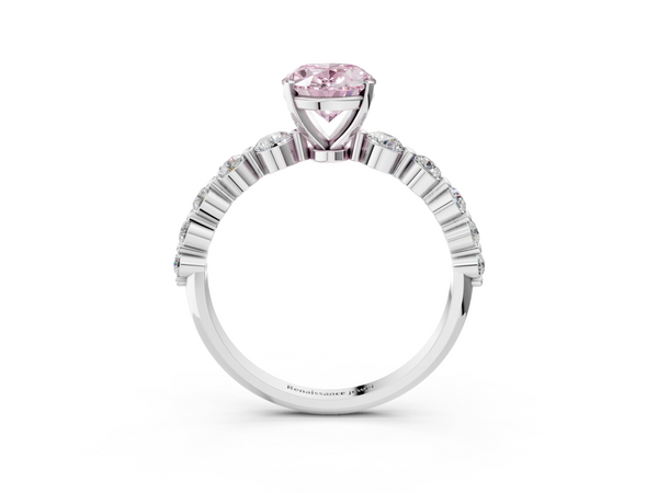 White gold Fancy Pink Oval Cut Solitaire Diamond Ring with Pave Band and Four-Prong Setting