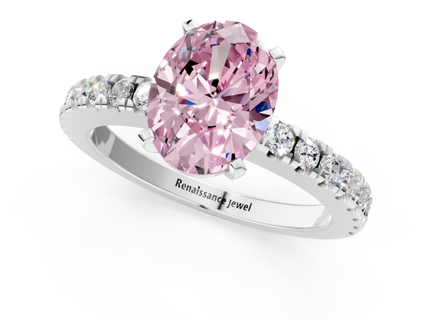 Platinum Fancy Pink Oval  Solitaire Diamond with Pavé Band and Four-Prong Setting