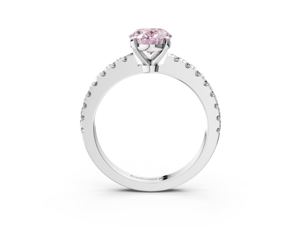 Platinum Fancy Pink Oval  Solitaire Diamond with Pavé Band and Four-Prong Setting