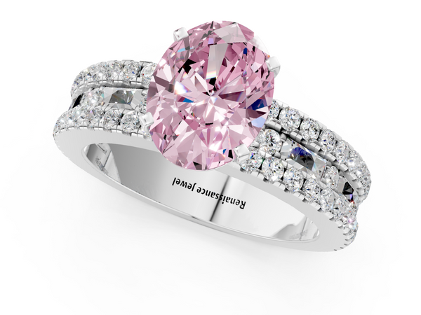 Sterling Silver Oval Pave and Baguette Engagement Ring Setting for Fancy Pink Center