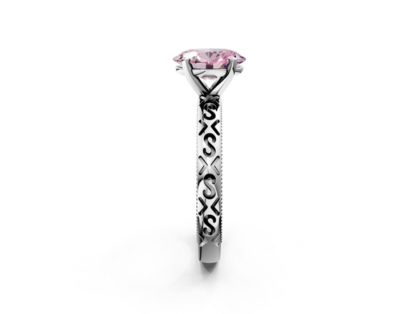 White gold Fancy Pink Oval  Solitaire Engagement Ring with Scrollwork Band and Four-Prong Setting