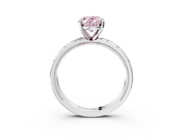 White gold Fancy Pink Oval  Solitaire Engagement Ring with Scrollwork Band and Four-Prong Setting