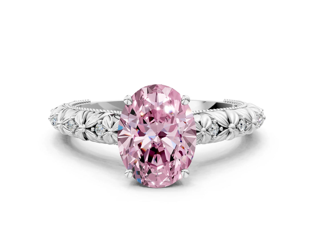 White gold Fancy Pink Oval  Solitaire Floral Milgrain Engagement Ring_31