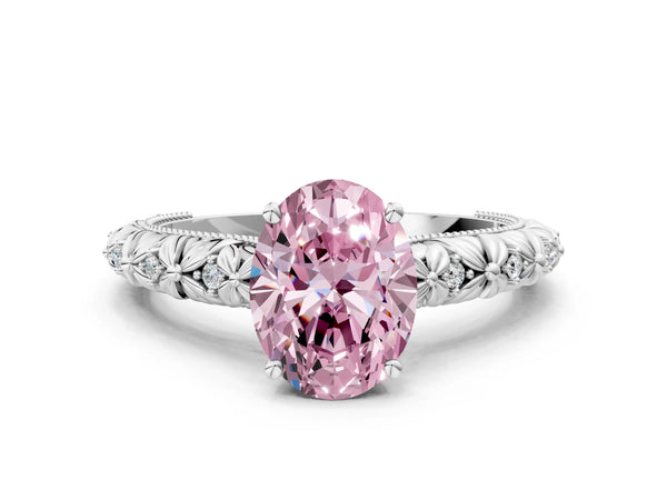 White gold Fancy Pink Oval  Solitaire Floral Milgrain Engagement Ring