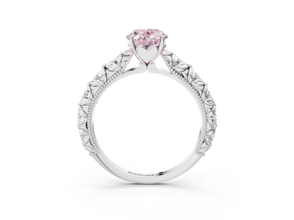 White gold Fancy Pink Oval  Solitaire Floral Milgrain Engagement Ring