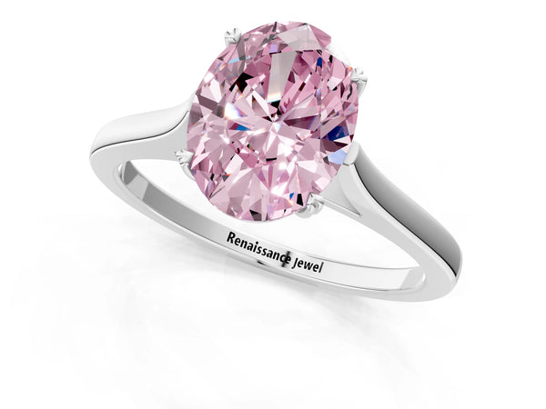White gold Fancy Pink Oval  Solitaire Heart Prong Engagement Ring with Tapered Band