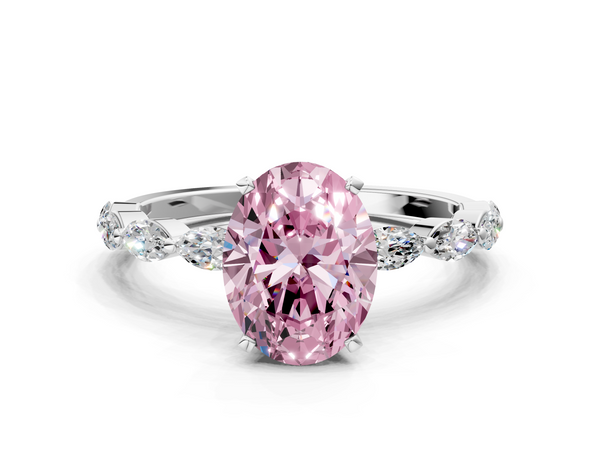Platinum Fancy Pink Oval Cut Diamond Ring with Marquise Side Stones and Prong Setting