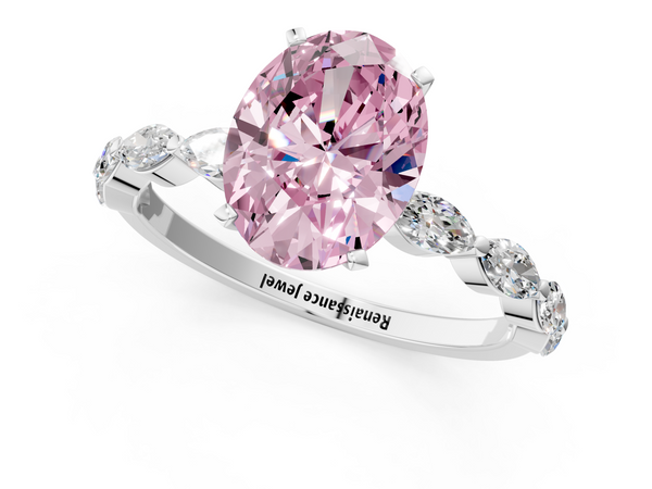 Platinum Fancy Pink Oval Cut Diamond Ring with Marquise Side Stones and Prong Setting