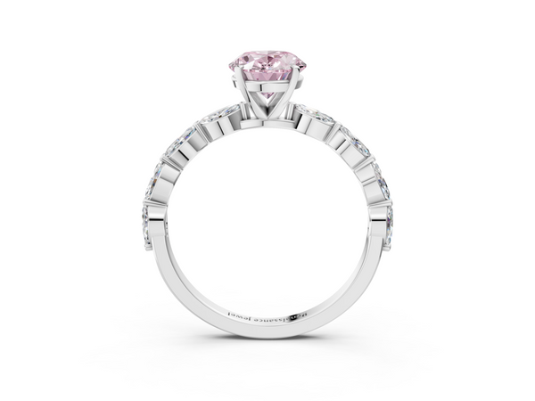Platinum Fancy Pink Oval Cut Diamond Ring with Marquise Side Stones and Prong Setting
