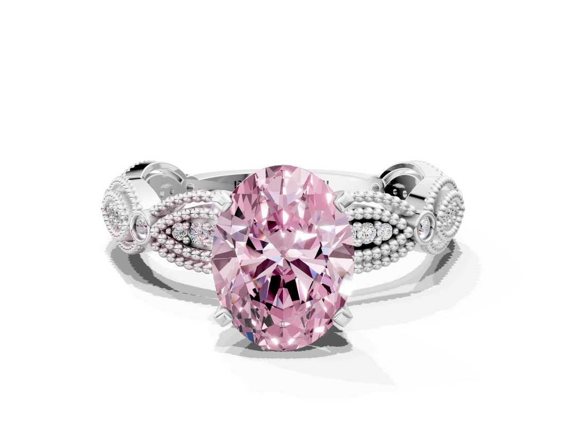White gold Fancy Pink Oval  Solitaire Milgrain Diamond Engagement Ring with Bezel and Marquise Band_178
