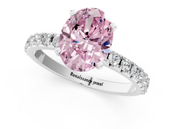 Platinum Fancy Pink Oval Cut Diamond Solitaire Pavé Band with Four-Prong Setting