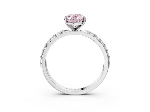 Platinum Fancy Pink Oval Cut Diamond Solitaire Pavé Band with Four-Prong Setting