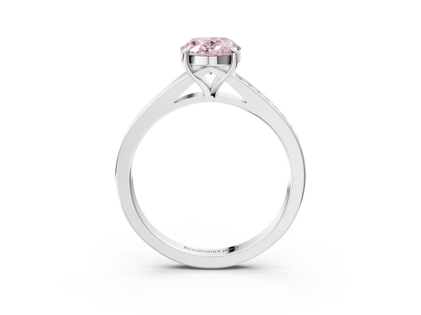 Platinum Fancy Pink Oval Cut Diamond Solitaire Ring with Pavé Band and Prong Setting