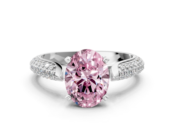 Platinum Fancy Pink Oval  Diamond Solitaire Engagement Ring with Pavé Band and Four-Prong Setting