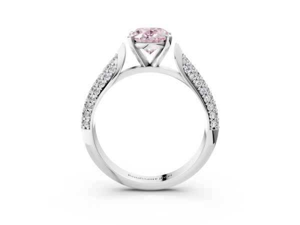 Platinum Fancy Pink Oval  Diamond Solitaire Engagement Ring with Pavé Band and Four-Prong Setting