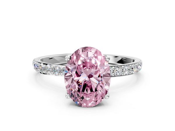 White gold Fancy Pink Oval Cut Diamond Solitaire Engagement Ring with Round  Pavé Band and Prong Setting