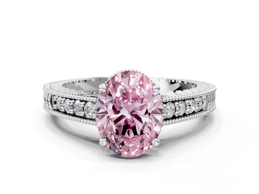 White gold Fancy Pink Oval  Solitaire Pavé Diamond Milgrain Engagement Ring with Four-Prong Setting_3