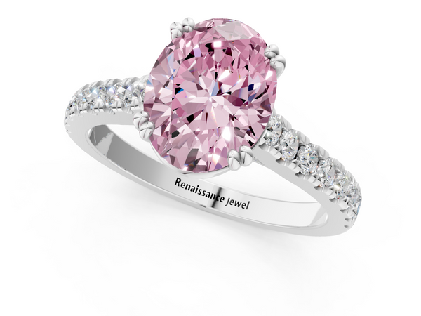 Platinum Fancy Pink Oval  Solitaire Pave Diamond Engagement Ring with Prong Setting