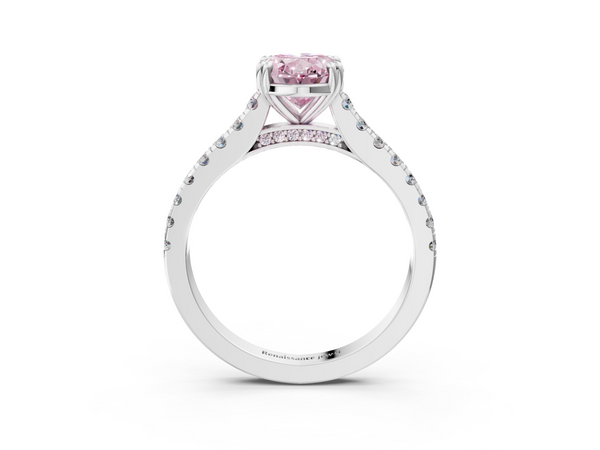 Platinum Fancy Pink Oval  Solitaire Pave Diamond Engagement Ring with Prong Setting