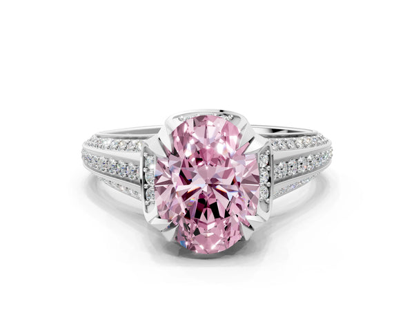 White gold Fancy Pink Oval  Solitaire Pave Split Shank Ring with Four-Prong Setting