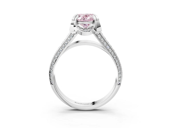 White gold Fancy Pink Oval  Solitaire Pave Split Shank Ring with Four-Prong Setting