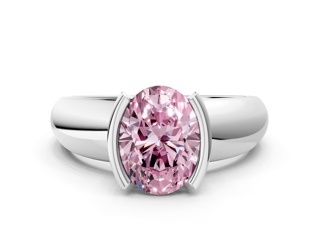 White gold Fancy Pink Oval  Solitaire Tension Set Diamond Ring with Wide Band_20