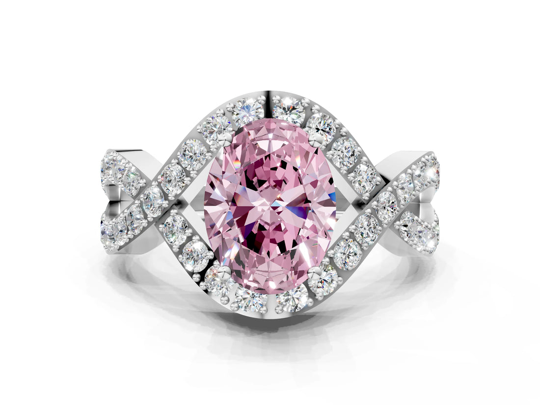 White gold Fancy Pink Oval  Solitaire Twist Band Pavé Diamond Engagement Ring_32