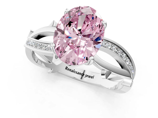 Platinum Fancy Pink Oval  Solitaire Twist Band with Pavé Accents and Four-Prong Setting
